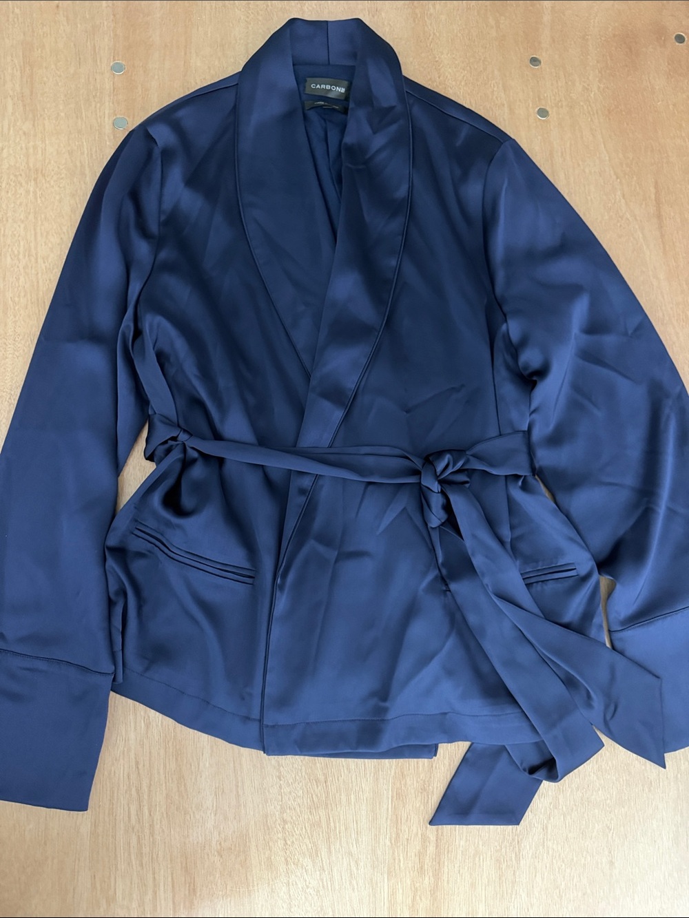 Carbon38 Midnight Navy Satin Wrap Blouse with Belt